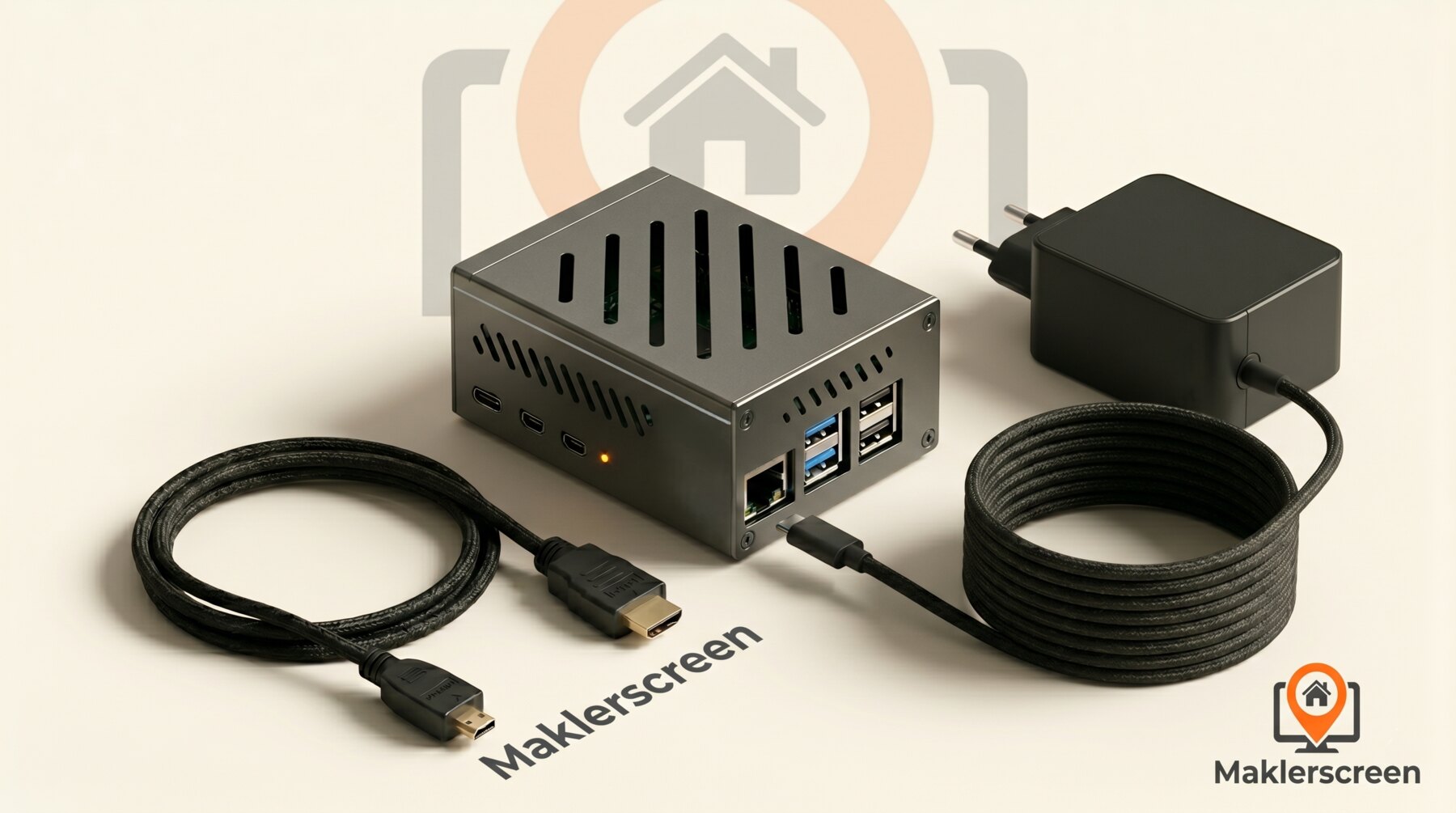 Maklerscreen-Box: kompaktes schwarzes Aluminium-Gehäuse mit Status-LED, USB-C-Netzteil und HDMI-Kabel im Lieferumfang