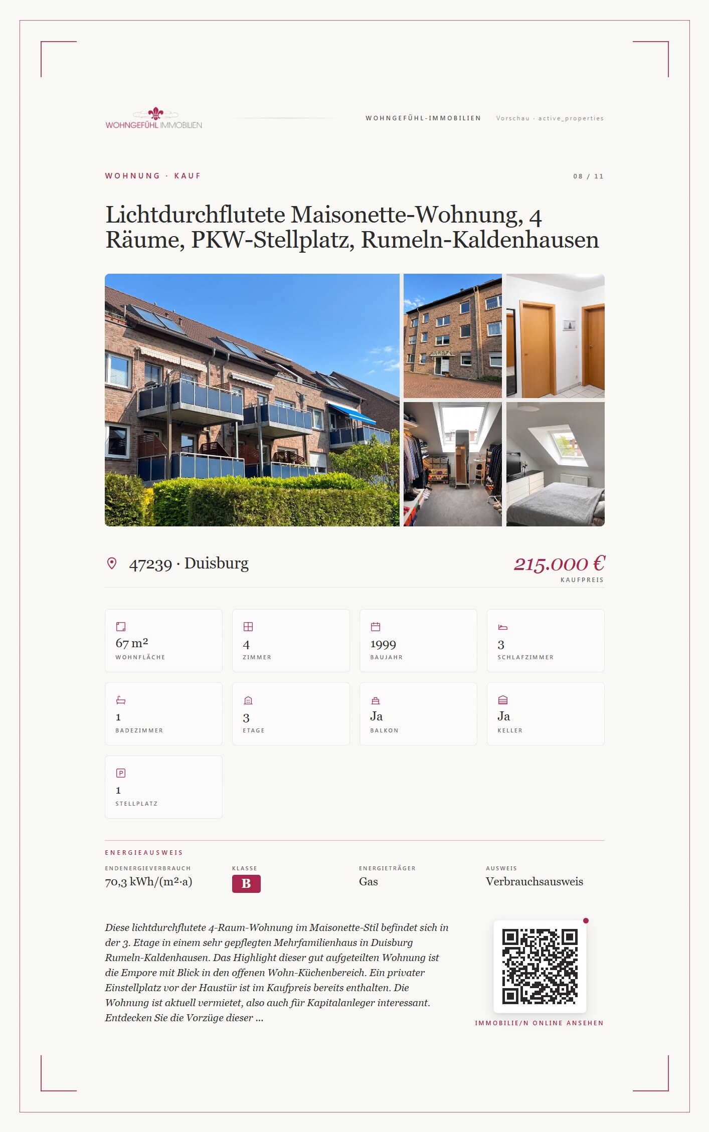 Maklerscreen-Display im Schaufenster zeigt eine aktive Immobilie aus Propstack: Titel, Hero-Bild, Eckdaten wie Wohnfläche und Baujahr, plus den vollständigen Energieausweis-Strip mit Endenergieverbrauch, Energieträger, Effizienzklasse und Ausweistyp. Rechtssichere GEG-Pflichtangaben automatisch aus dem Propstack-Konto übernommen.