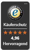 Trusted Shops Bewertung von Displaynd: Käuferschutz, 4,96 von 5, Hervorragend.