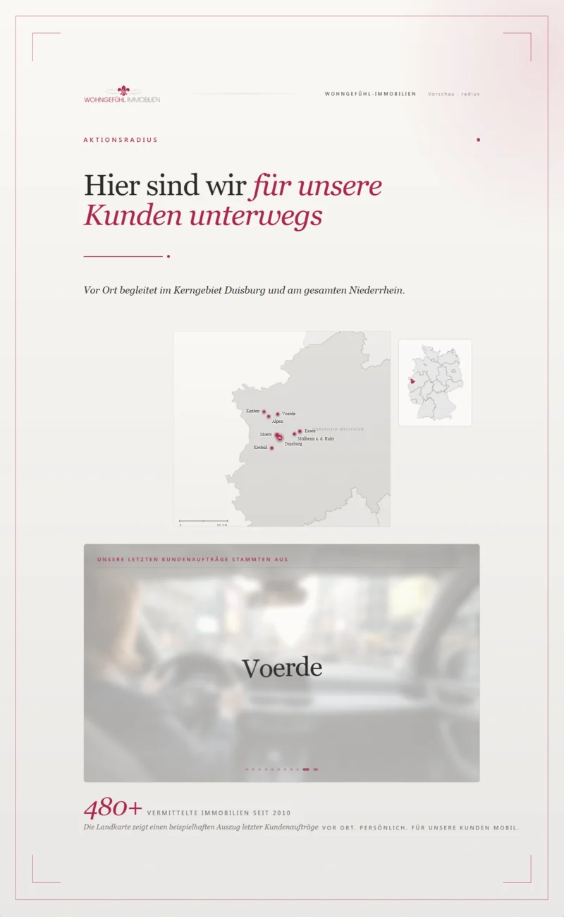 Maklerscreen-Slide Modul Aktionsradius: Karte des Einsatzgebiets mit Stadt-Karussell fuer Vermarktungs-Region im Maklerbuero-Schaufenster.