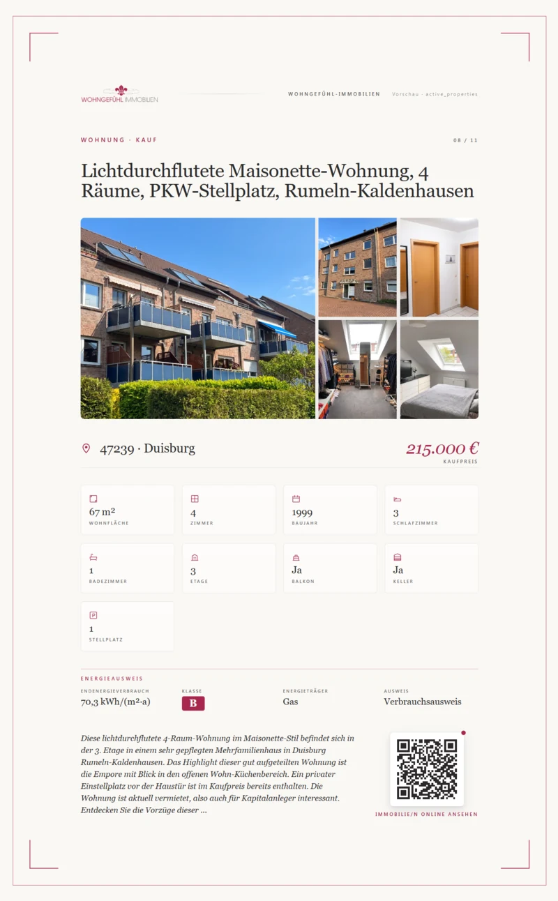 Maklerscreen-Slide einer aktiven Immobilie mit § 87 GEG-Energiestreifen: Effizienzklassen-Band, Endenergiekennwert, Energieträger und Baujahr, automatisch aus dem Propstack-Exposé.
