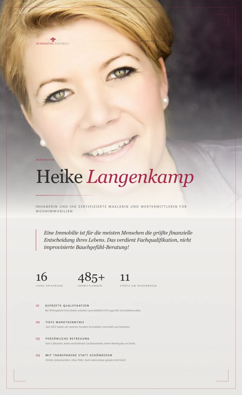 Maklerscreen-Slide Modul Inhaberin: Foto, Funktion, persoenliches Statement im Markenlayout fuer das Schaufenster.