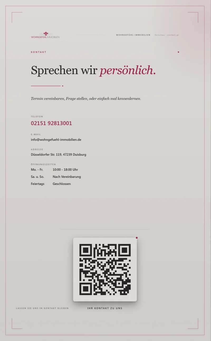 Maklerscreen-Slide Modul Kontakt mit QR-Code: Direkt-Kontakt-Modul mit Telefon, Email und scanbarem QR-Code fuer Lead-Capture im Schaufenster.