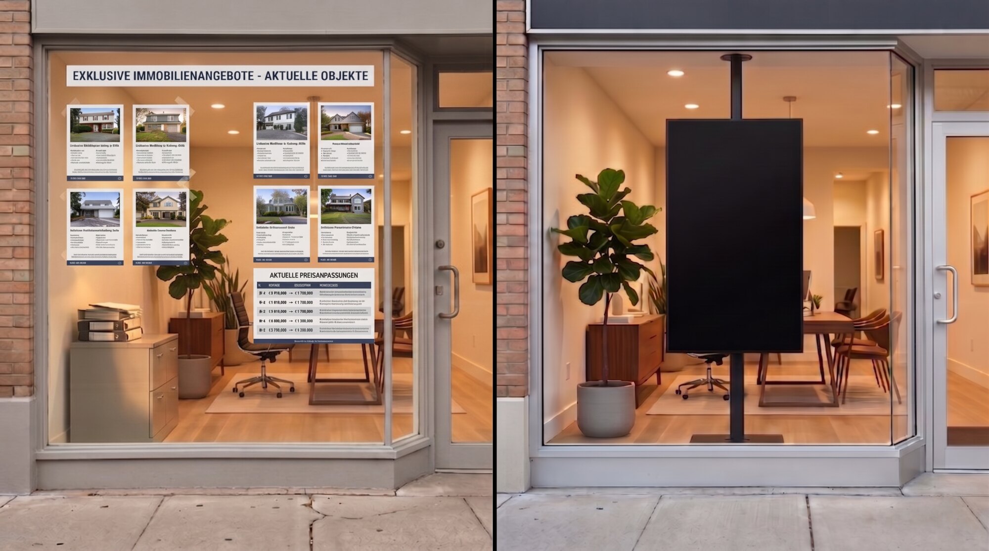 Maklerbüro-Schaufenster im direkten Vorher-Nachher-Vergleich: links vergilbte Papier-Aushänge im alten Schaufenster, rechts ein hochkantiges Maklerscreen-Display mit echten Immobilien-Slides samt GEG-Pflichtangaben.