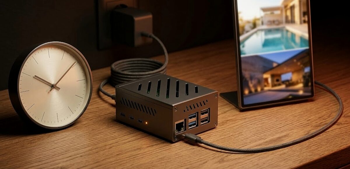 Die Maklerscreen-Box auf einem Schreibtisch neben einer Uhr, per Kabel mit einem hochkant Bildschirm verbunden, der eine Immobilie zeigt. Sinnbild für die frei einstellbaren Anzeigezeiten.