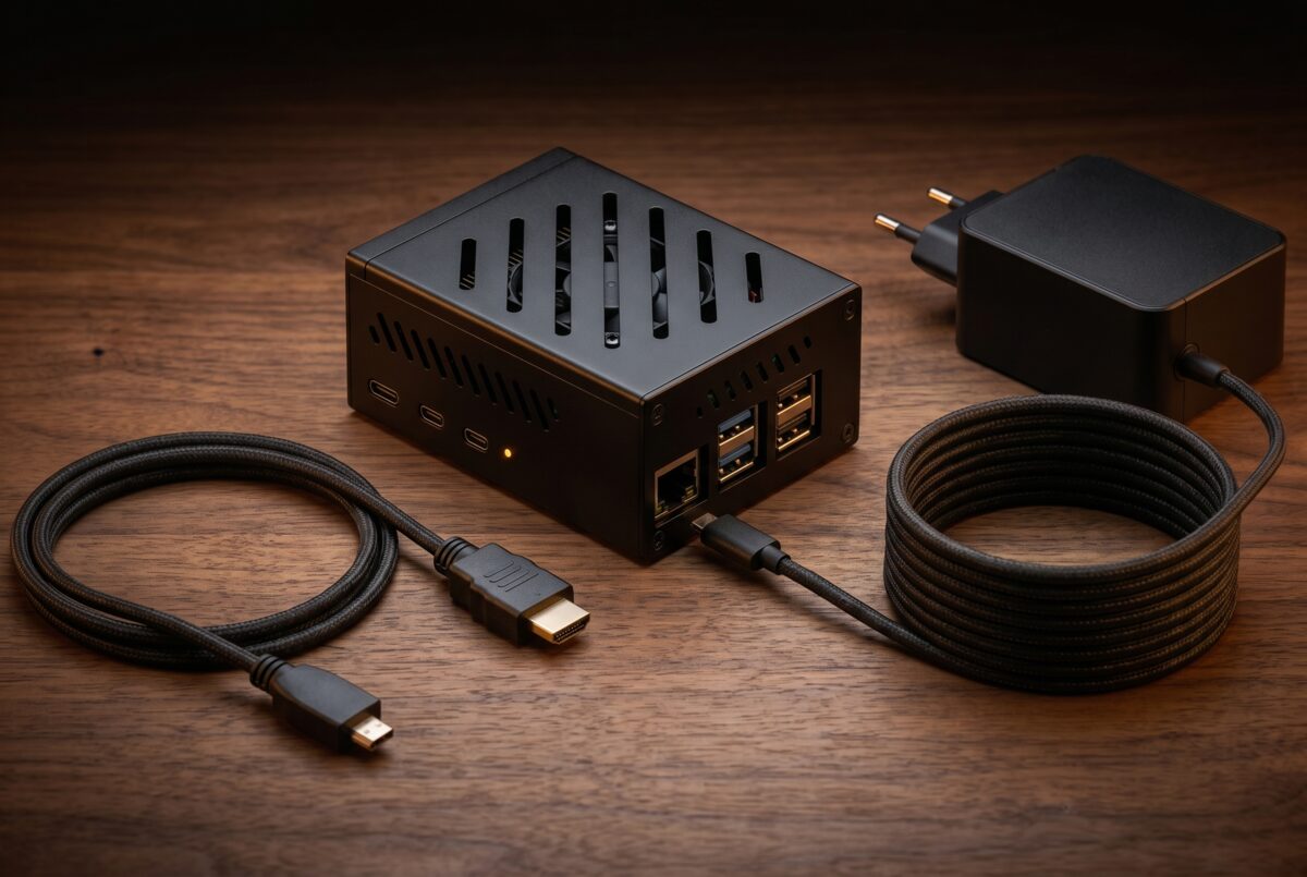 Die Maklerscreen-Box aus mattem Aluminium mit Lüftungsschlitzen und Anschlüssen, daneben das HDMI-Kabel und das Netzteil. Industrie-Hardware für den Dauerbetrieb im Schaufenster.