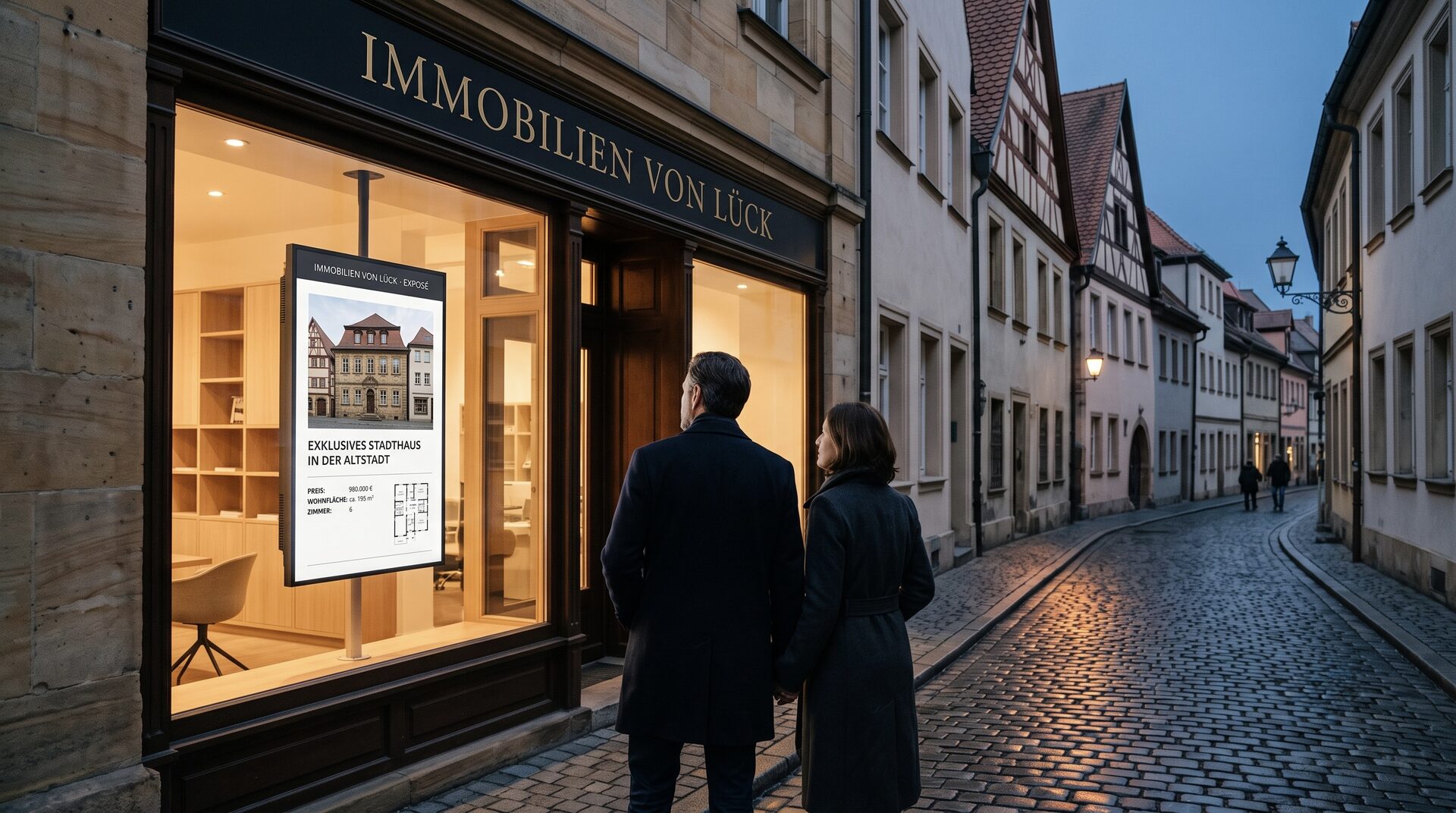 Digitaler Exposé-Aushang im Schaufenster eines Immobilienmakler-Büros: ein großer Pivot-Monitor im Hochformat zeigt am Abend ein aktuelles Exposé, während ein Paar in der Altstadt davor stehen bleibt.