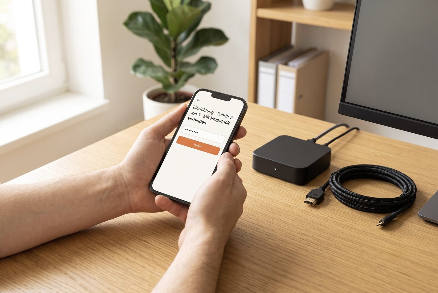 Einrichtung von Maklerscreen am Smartphone: der Assistent verbindet die Maklerscreen-Box in Schritt 2 von 3 mit Propstack, daneben die Box mit HDMI-Kabel für den Monitor.