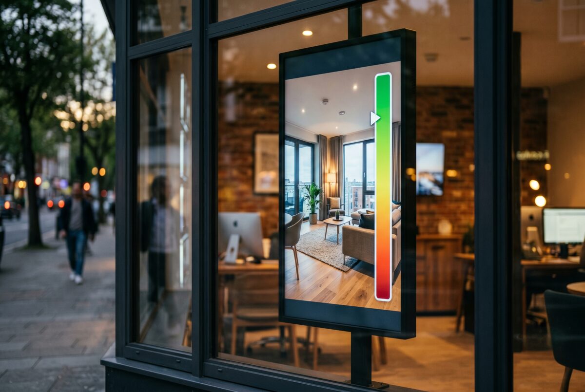Hochkant Display im Schaufenster eines Immobilienmakler-Unternehmens zeigt eine Immobilie mit einem farbigen Energieeffizienz-Band von grün bis rot, von der Straße aus sichtbar. Die GEG-Pflichtangaben werden automatisch dargestellt.