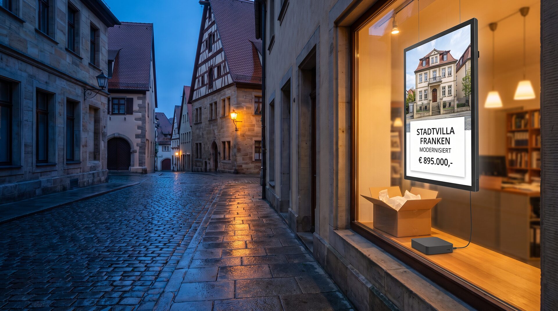 Maklerbüro in einer Altstadt zur blauen Stunde: im Schaufenster ein großer Hochkant-Monitor mit einem Exposé, davor ein frisch geöffneter Versandkarton und die kleine Maklerscreen-Box mit Kabel zum Monitor.
