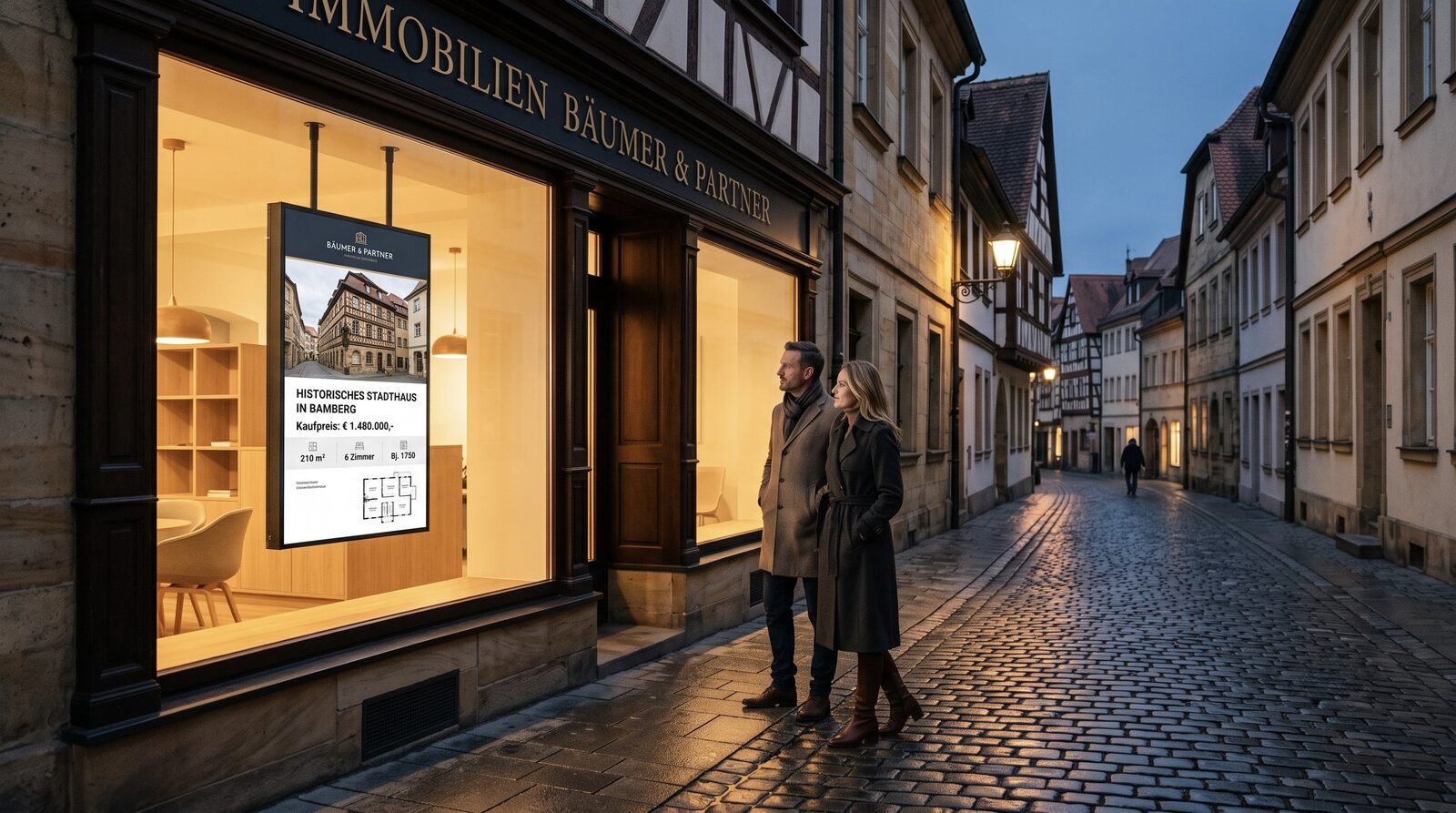 Digitaler Exposé-Aushang im Schaufenster: ein Pivot-Monitor zeigt am Abend ein Exposé mit Preis, Eckdaten und GEG-Pflichtangaben, ein Paar betrachtet es von der Gasse aus.