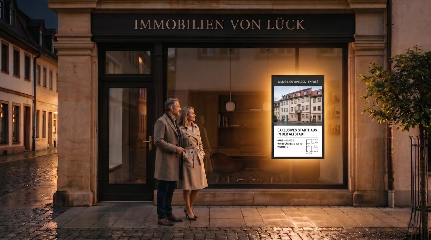 Schaufenster eines Immobilienmakler-Buero am Abend mit hochkant montiertem Monitor: die Maklerscreen-Box steuert die Slideshow im Schaufenster-Display und zeigt aktive Propstack-Exposes nach Feierabend.