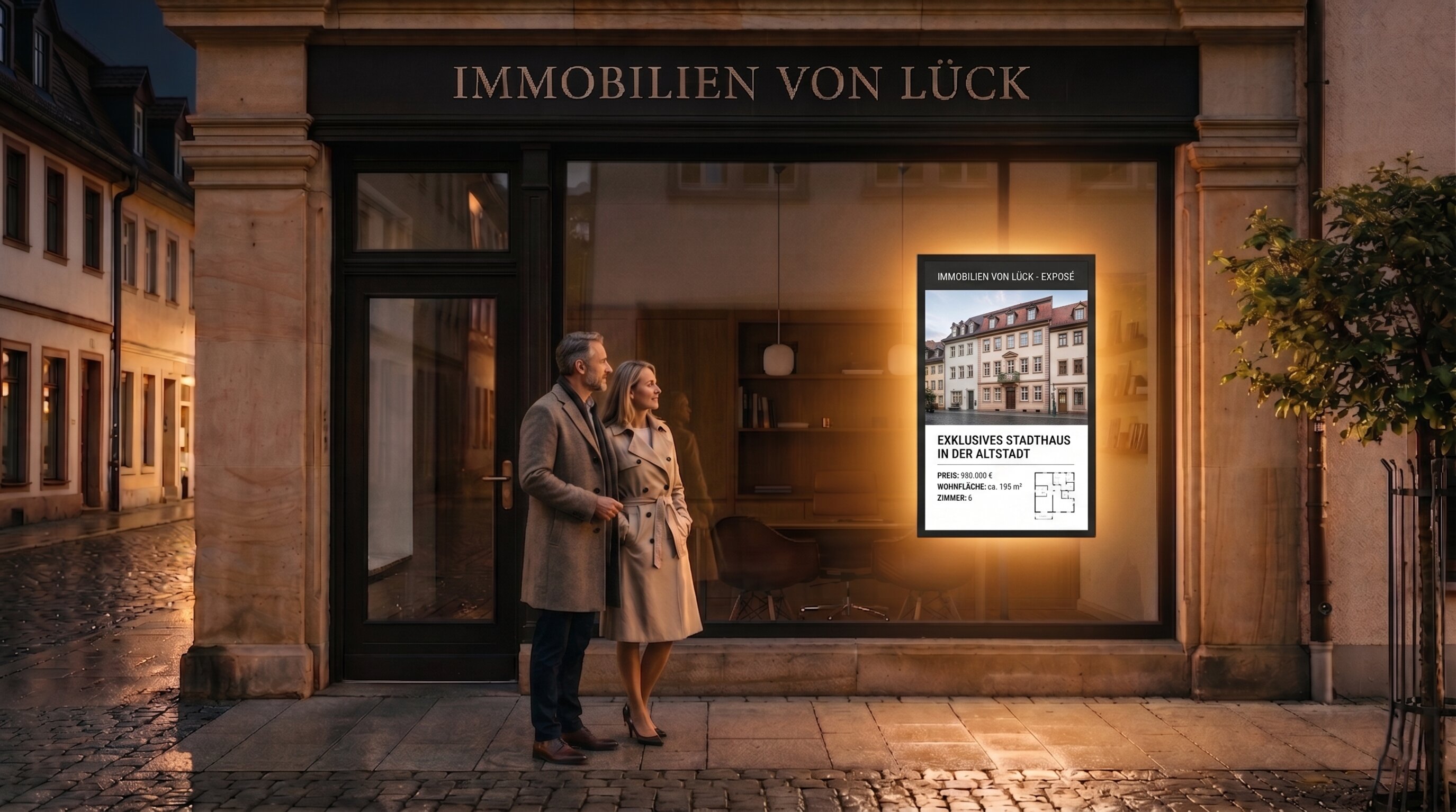 Maklerscreen-Display im Schaufenster eines Immobilienmakler-Unternehmens am Abend, Innenraum warm beleuchtet, Display zeigt aktive Angebote für vorbeigehende Passanten