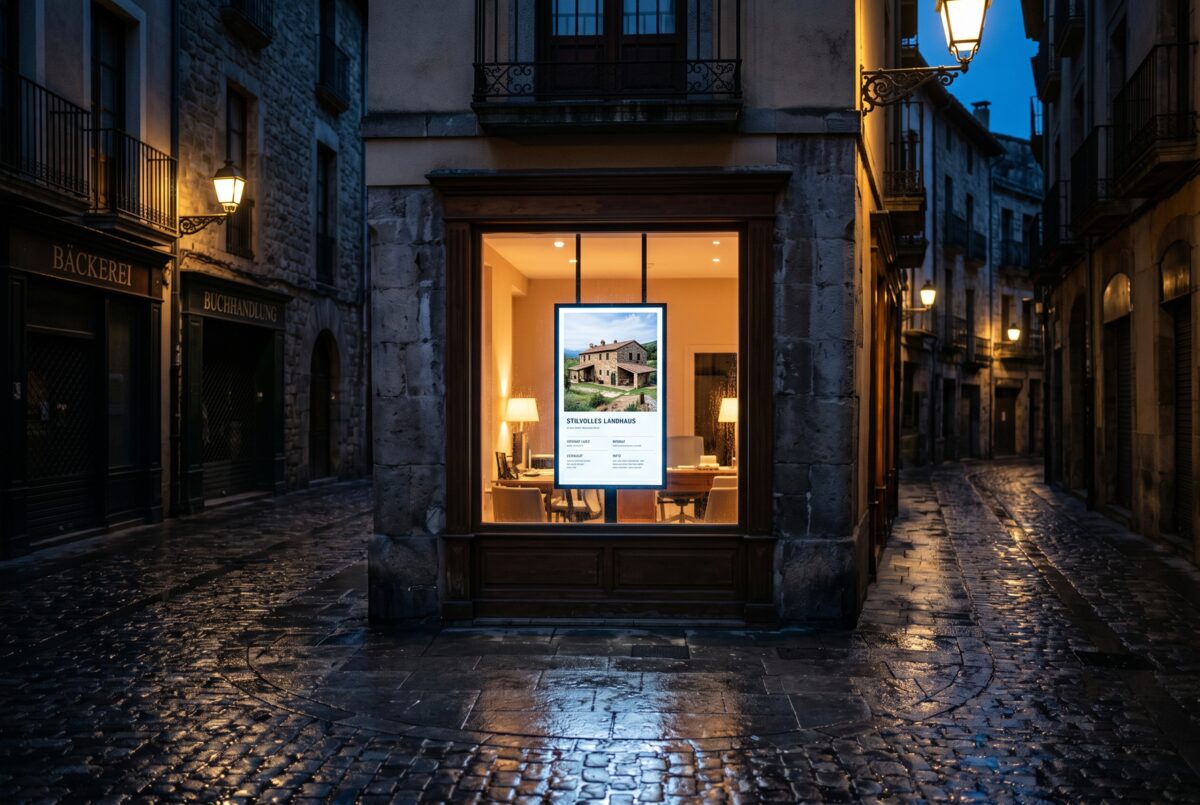 Schaufenster eines Immobilienmakler-Unternehmens, das nachts als einziges in der dunklen Gasse hell leuchtet und auf einem hochkant Display eine Immobilie zeigt. Sinnbild dafür, dass das Schaufenster nie schwarz wird.