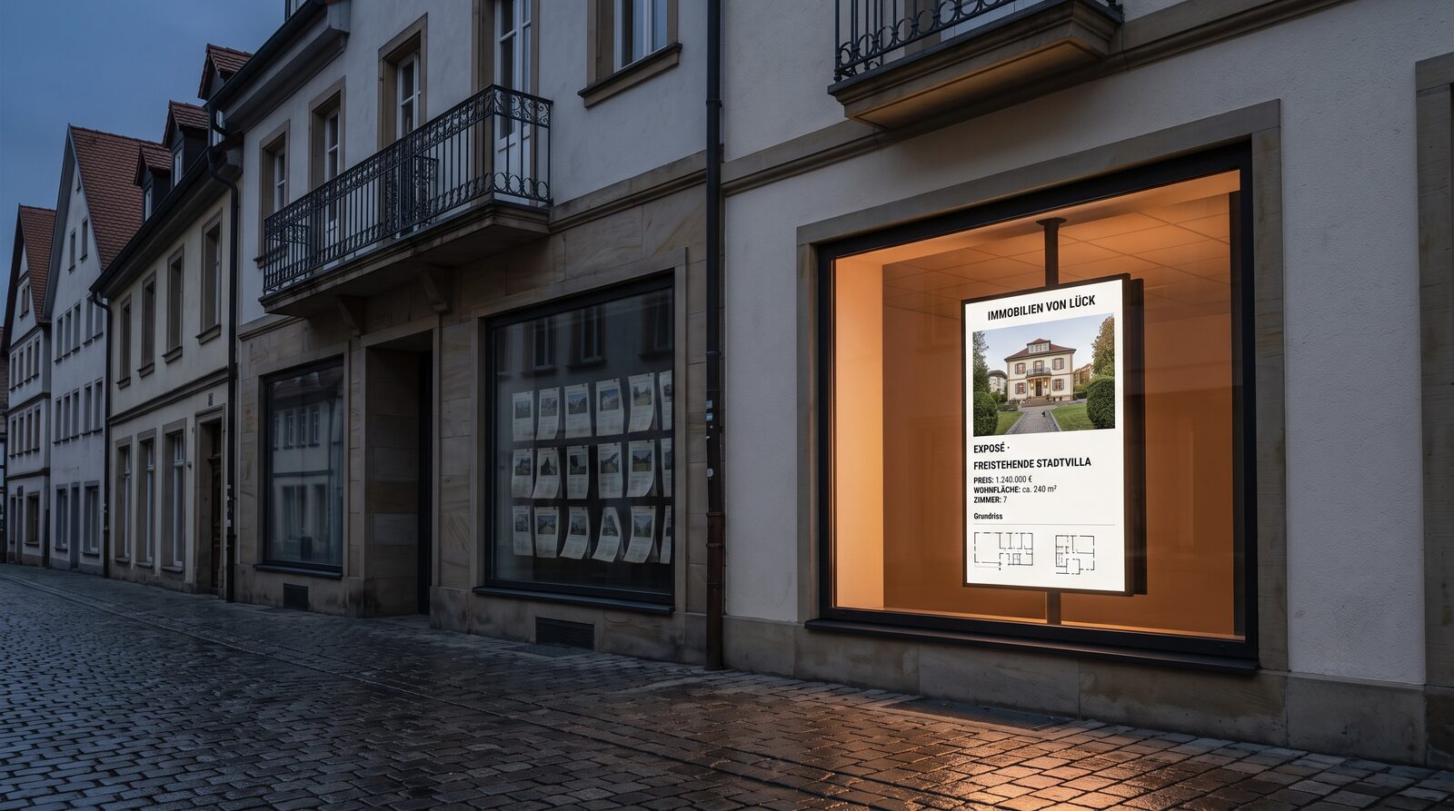 Zwei Schaufenster einer Altstadtgasse im Vergleich: links vergilbte Papier-Exposés, rechts ein leuchtender digitaler Exposé-Aushang auf einem Pivot-Monitor.