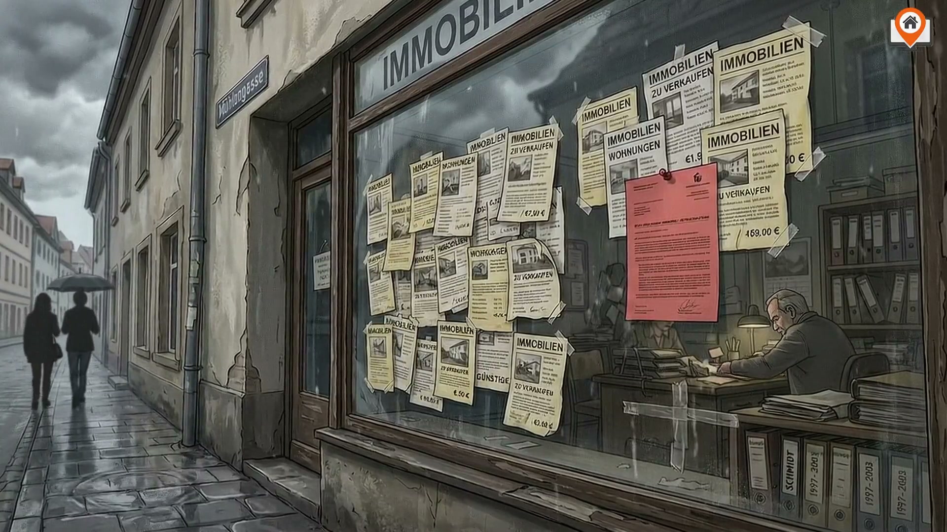 Vorschau des Maklerscreen-Erklärvideos: ein digitales Schaufenster-Display im Hochformat mit laufender Immobilien-Slideshow.